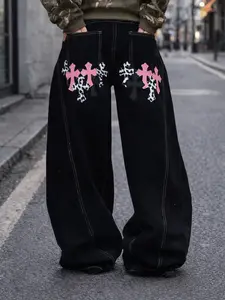 Retro contrasting cross wide-leg jeans, American high-street loose straight-leg pants, cross patch + contrasting color design + loose wide-leg high-profile version + bright-line decoration design, multiple sizes to choose from, no body pick, can be easily
