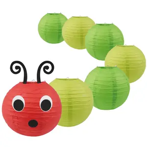 7pcs Cute Caterpillar Paper Lanterns DIY Kids Painting, 7.87 Inch Hanging Paper Lampshade, Birthday Party Classroom Decoration