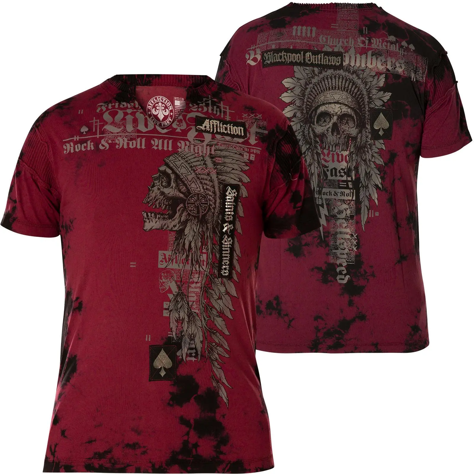 Affliction Men's Brixton Tribe Graphic T-Shirt - Red Vintage V-Neck 100% Cotton Casual Streetwear Top, Short-Sleeve, Pull-On Closure, All Over Print, Cold Wash, Menswear Clothing (Refer To Sizing Chart)