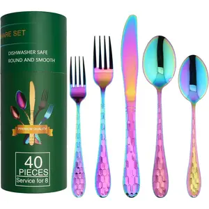 Rainbow Flatware Cutlery Silverware Set 40 count, 18/10 Stainless Steel Colorful Utensils, Tableware Flatware Set Service for 8, Include /Fork/Spoon, Mirror Polished, Dishwasher Safe (Rainbow)...