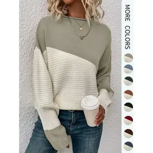 Women's Colorblock Drop Shoulder Sweater, Casual Long Sleeve Round Neck Jumper, Ladies' Knitwear for Daily Wear, Sweaters for Women, Tops, WomenswearRAIMENTRY