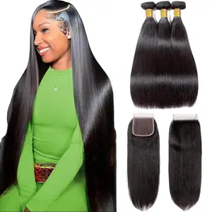 Ramiss 2x6 4x4 Lace Closure with Bundles Human Hair h 12A Brazilian Straight Human Hair Bundles with 2x6 Closure 100% Unprocessed Virgin Weave Hair Extensions