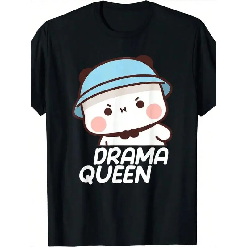 Unisex 100% Cotton Short-Sleeve Activewear Sports Top - Bubu And Dudu Drama Queen Graphic, Cute Anime Character, High-Stretch Fabric, Loose Crew Neck, Geometric Print, All-Season Comfort, Unisex Fit Ease, Party & Casual Wear