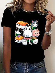 Cute Cartoon Cat Roll Sushi Women's Short-Sleeve T-Shirt - Fun Pattern, Easy-to-Match Casual Round Neck Top with Comfortable Polyester Blend Fabric.Perfect for Summer Outings and Leisure Gathering to Showcase Your Lively Personality!A Must-H