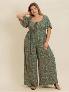 [Plus Size] Ditsy Floral Print Wide Leg Jumpsuit, Bohemian Boho Fashion Casual Jumpsuit for Daily Holiday Vacation Wear, Women Plus Clothing for Summer Womenswear