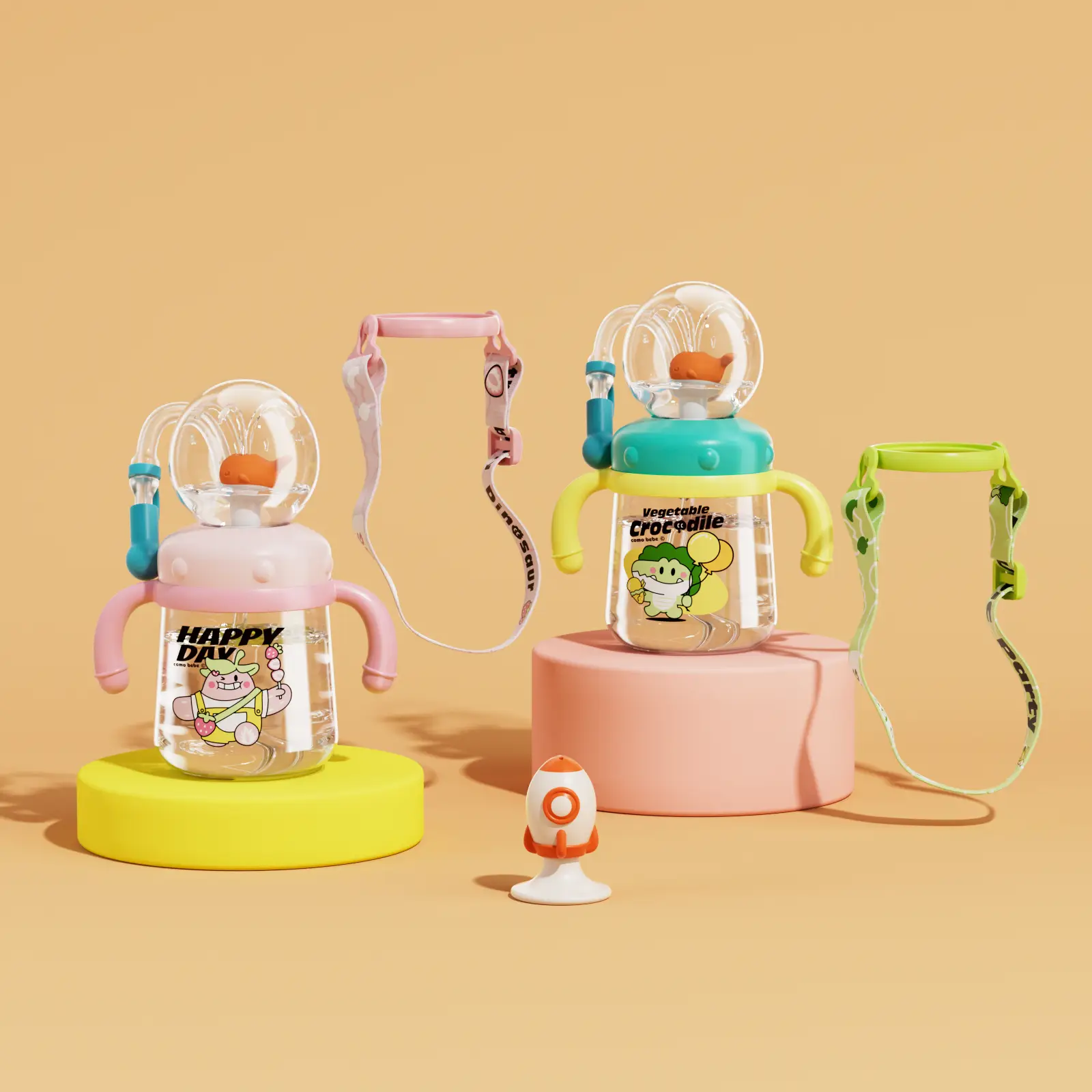 【COMOBEBE】Whale Spray Water Bottle – BPA-Free Sippy Cup with Soft Silicone Straw, Switchable Handles and Strap, Fun Whale Spray Design, 10oz