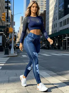 3pcs Women'S High Waist Skinny Faux Denim Leggings - Stretchy Faux Denim Pants, All-Season Comfort, Casual Everyday Faux Denim|Fashionable Faux Denim|Stretchy Fabric