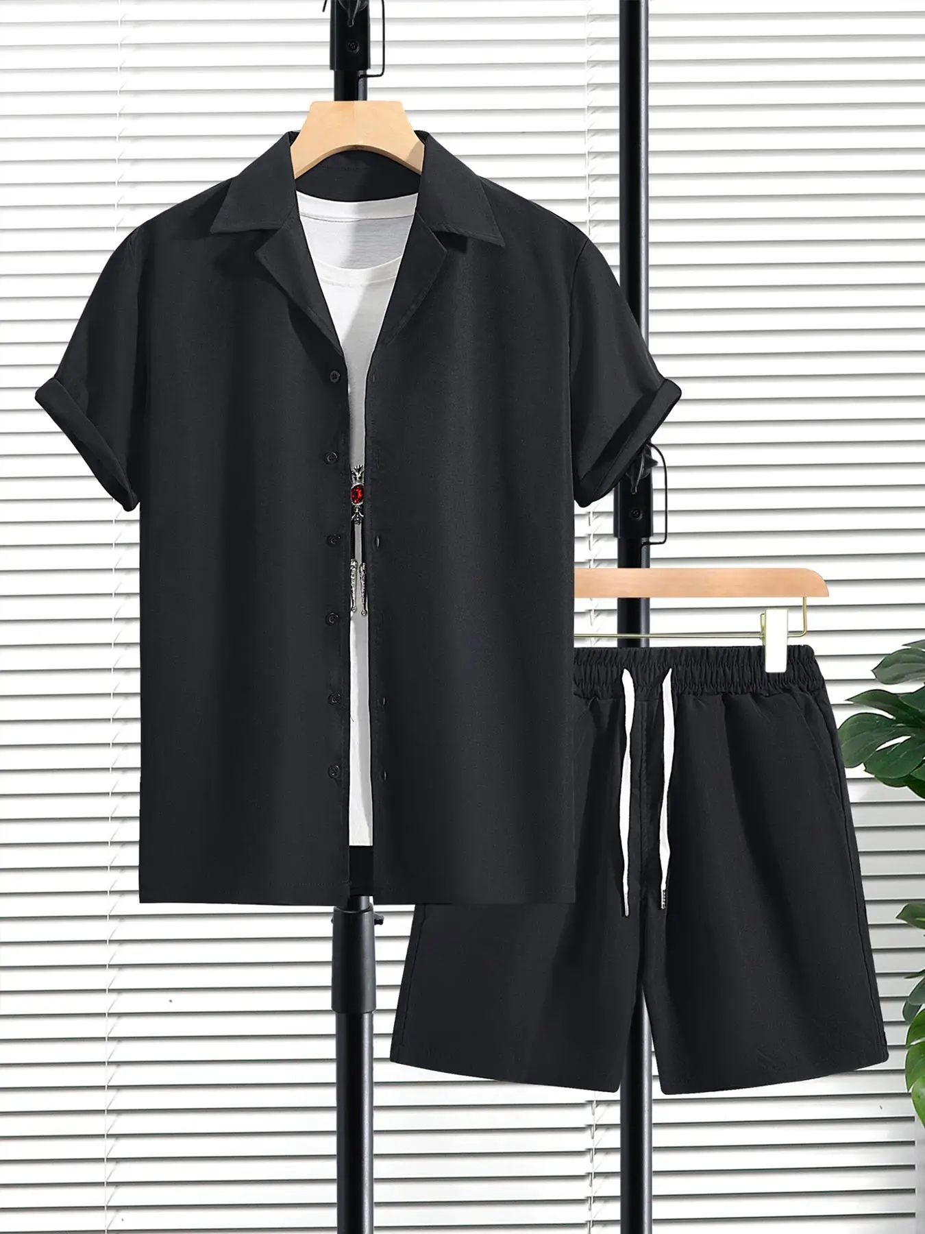 2 Piece Set Men's Regular Fit 2pcs Summer Clothes, Plain Button Front Lapel Collar Shirt & Drawstring Shorts Set, Casual Short Sleeve Top & Elastic Wa