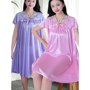 2pcs Sexy Loose Short Sleeve Nightgowns with Lace Trim, V-Neck, Semi-Sheer Polyester - Machine Washable, Spring/ Summer