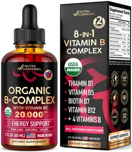 USDA Organic Vitamin B Complex w/ B5 | 8-in-1 Liquid Drops - B1 Thiamine, B2 Riboflavin, B3 Niacinamide, B6 Pyridoxine, B7 Biotin, B9 Folic Acid, B12 Methylcobalamin - 2fl - Made in USA