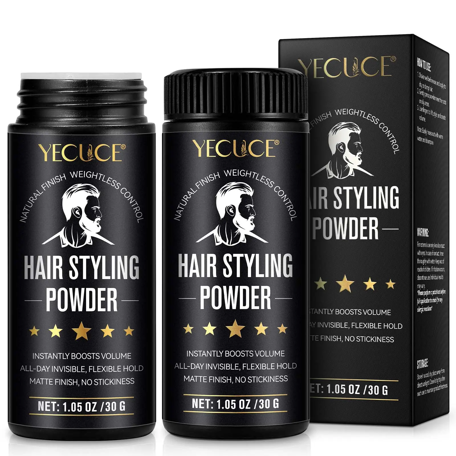 Two-Pack Yecuce Men's Hair Styling Powder, Texturizing Powder, Volumizing Matte Finish, Puffiness Enhancer, Dry Hair Texture Boost, 30g Per Bottle, Hair Volume Powder, Hairstyling Texturizing Powder