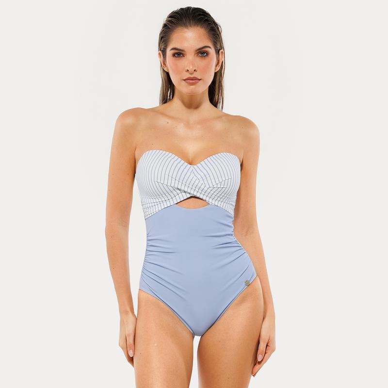 Popilush Push-Up Bandeau Swimsuit | Turquoise Cutout Tummy Control Bathing Suit for Beach & Vacation -live