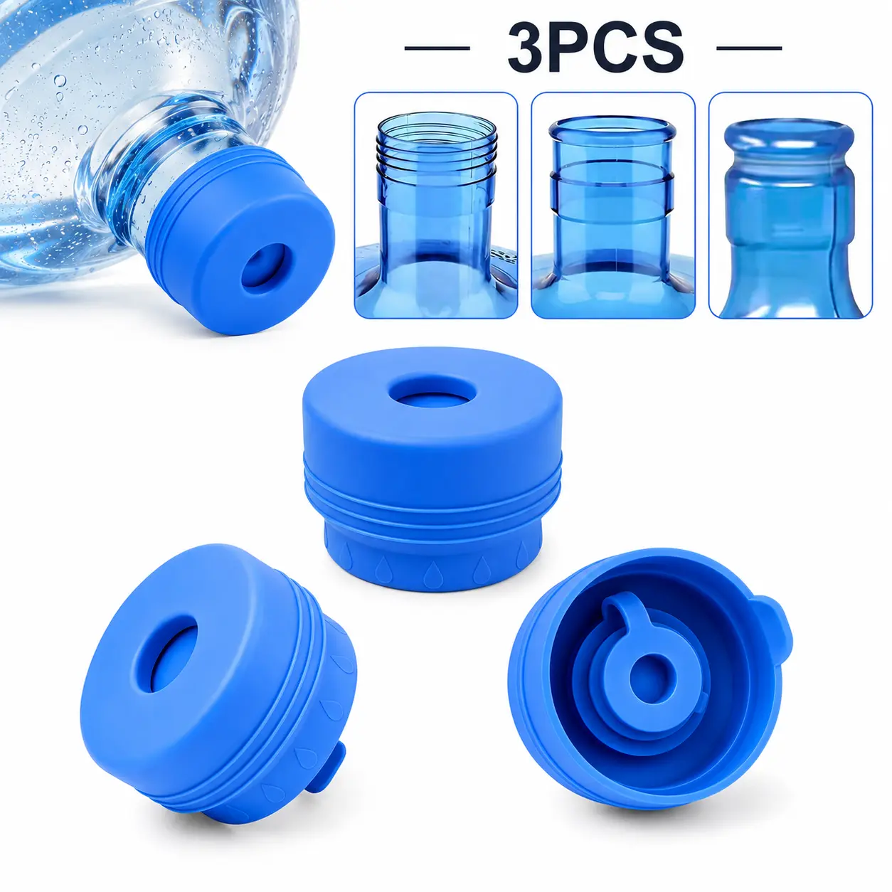 3pc Reusable Silicone Water Jug Caps, Round No-Spill Lids for 3 & 5 Gal Bottles, Leak-Resistant Replacement Covers for Home & Outdoor, Fits 3&5 Gal, Round Caps, For Large Bottles, 3Pcs, Home & Outdoors, Reusability