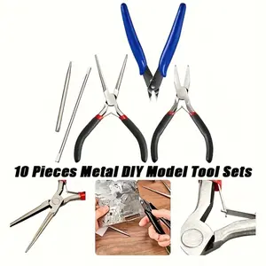 10 Pcs Metal DIY Model Tool Set,Including Tab Edge Cylinder Cone Shape Bending Assist Tools and Nozzle Pliers,Flat Nose Pliers,Needle Nose for 3D Metal Jigsaw Puzzles Assembly,Hand Tools Kits