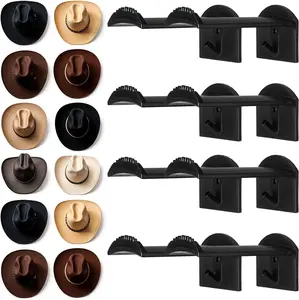 2.9 Inch Hat Hooks for Wall, 8 Pack Cowboy Hat Holder Wide Brimmed Hat Rack Organizer  Adhesive Cowboy Hat Hangers Storage Wall Mount for Cowboy, Sun Hats, Baseball Caps (Black)