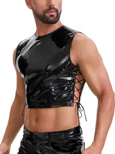 Men's Wet Look Round Neck Short Leather Top, Sexy Drawstring Cutout Tank, Sleeveless Slim Fit Half Sleeve Shirt, Clubwear