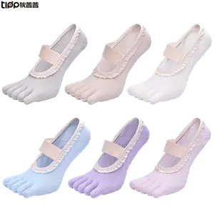 Women's Five Finger Lace Trimmed Non Slip Socks for Dance Aerobics Fitness Pilates Yoga