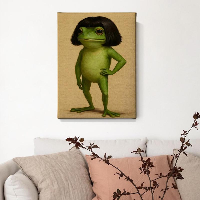 Whimsical Frog Portrait Canvas Poster Funny Animal Abstract  Mimalist Green  Funny Frog Poster Art Print Bob Haircut Kids Playroom Decor Frog Lover Gift Unique Wall Art quirky wall decor opossum humor artwork funny poster 24x  36 unique art decor posters