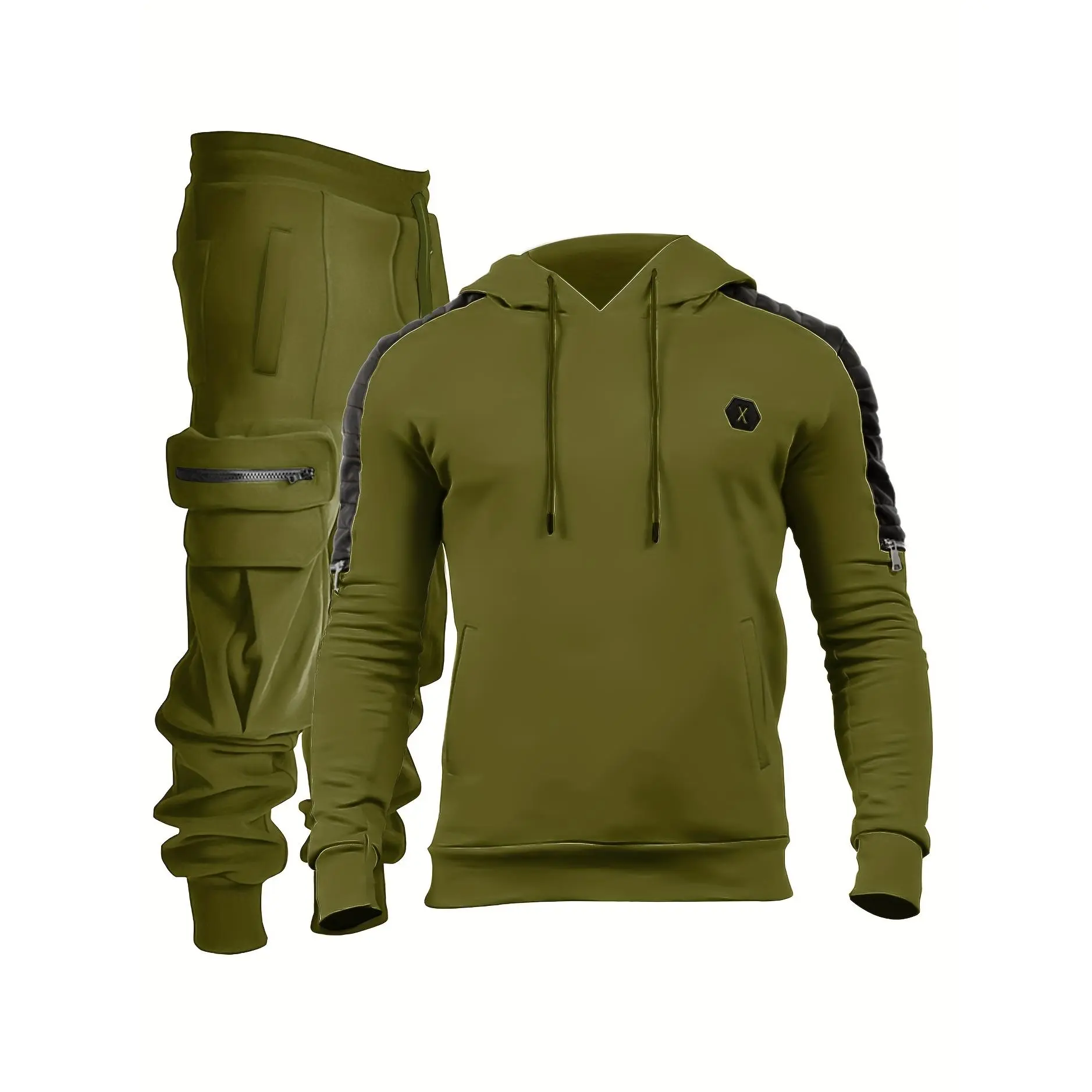 Men's 2-Piece Casual Sports Set, High-Stretch Hooded Sweatshirt and Multi-Pocket Jogger Pants, Polyester-Spandex Tracksuit for Gym Fitness