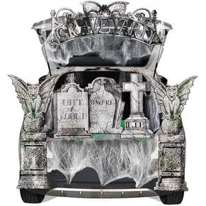 Halloween Tombstone Trunk or Treat Car Garage Decoration Outdoor with Gargoyles, Arch Monument, Spider Web and Non-Woven Fabric for Entryway Archway Haunted House Decor