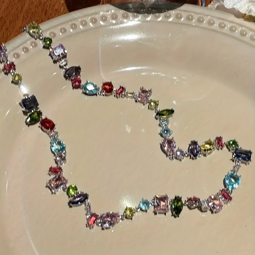 Candy-Style Costume Neck Necklace with Multicolor Rhinestones & Artificial Zircon, Luxurious Geometric Shape Rainbow Design Fashion Accessory Fun Gift, Mixed Colors jewelry