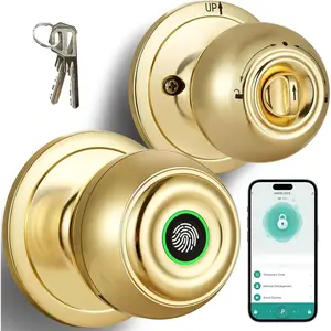 Door Lock, Door Knob with Locks, Biometric Door Lock with App & Key, Thumbprint Door Locks for Bedrooms, Front Door, Home, Apartment Office-Brass