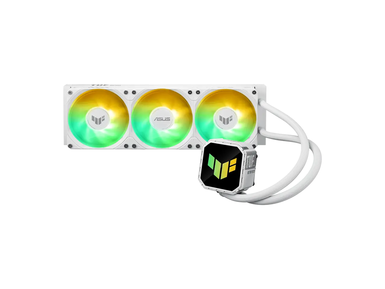 ASUS TUF Gaming LC III 360 ARGB White AIO cooler with pre-installed triple fans designed for high airflow and static pressure, plus an efficient pump to keep CPU temperatures under control