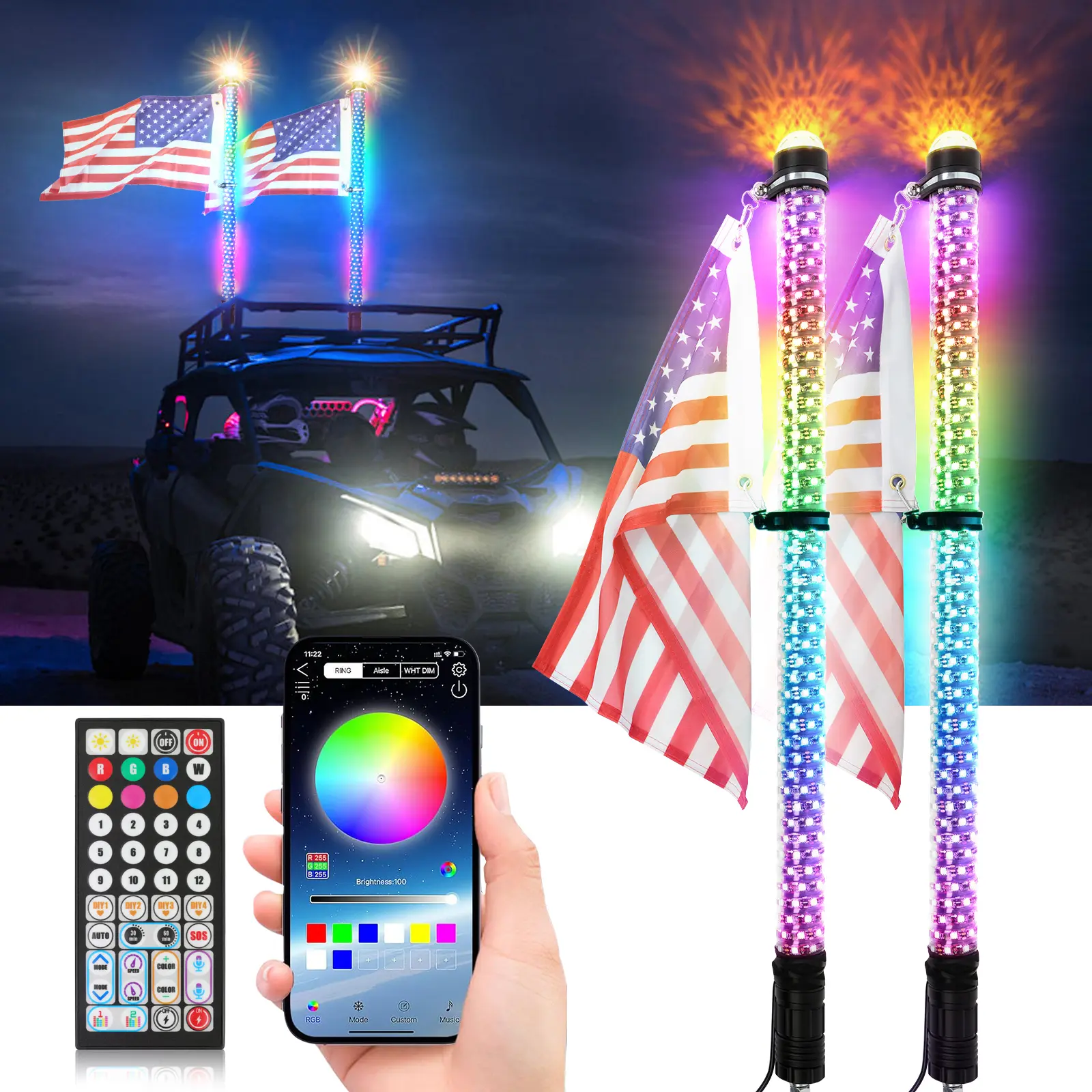 2Pack 3FT Fat Whip Lights RGB Led Whip Lights for Side by Side with Strobe Light RGB Chasing Lighted Music Antenna Whips W App Remote Control for UTV ATV RZR Can-Am SXS Polaris Offroad Truck