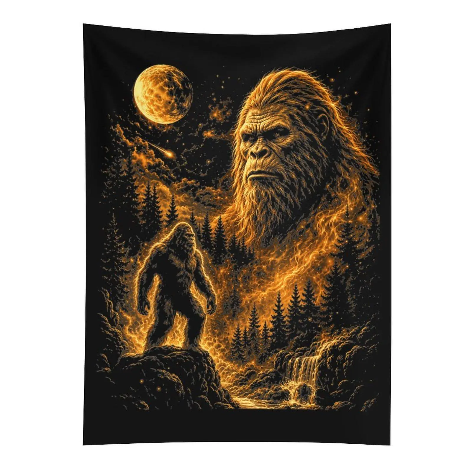 Bigfoot Moon Nature Wall Tapestry, Sasquatch Cryptid Forest Wall Hanging, Rustic Bedroom Decor