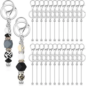 24 Pcs Beadable Keychain Bars Bulk Beads for Keychain Making Kit Gifts for Women Men DIY Crafts(Silver)
