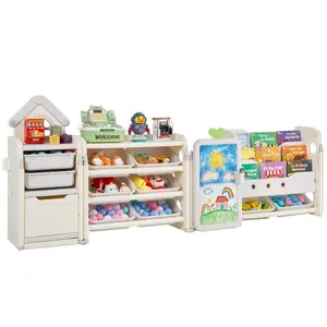 summervibes Large Size Kids Interior Toy Storage Organizer, 4-Tier Bookshelf Book Rack, 10 Movable Plastic Bins, Cubby Cabinet, Drawing Board - for Playroom, Nursery