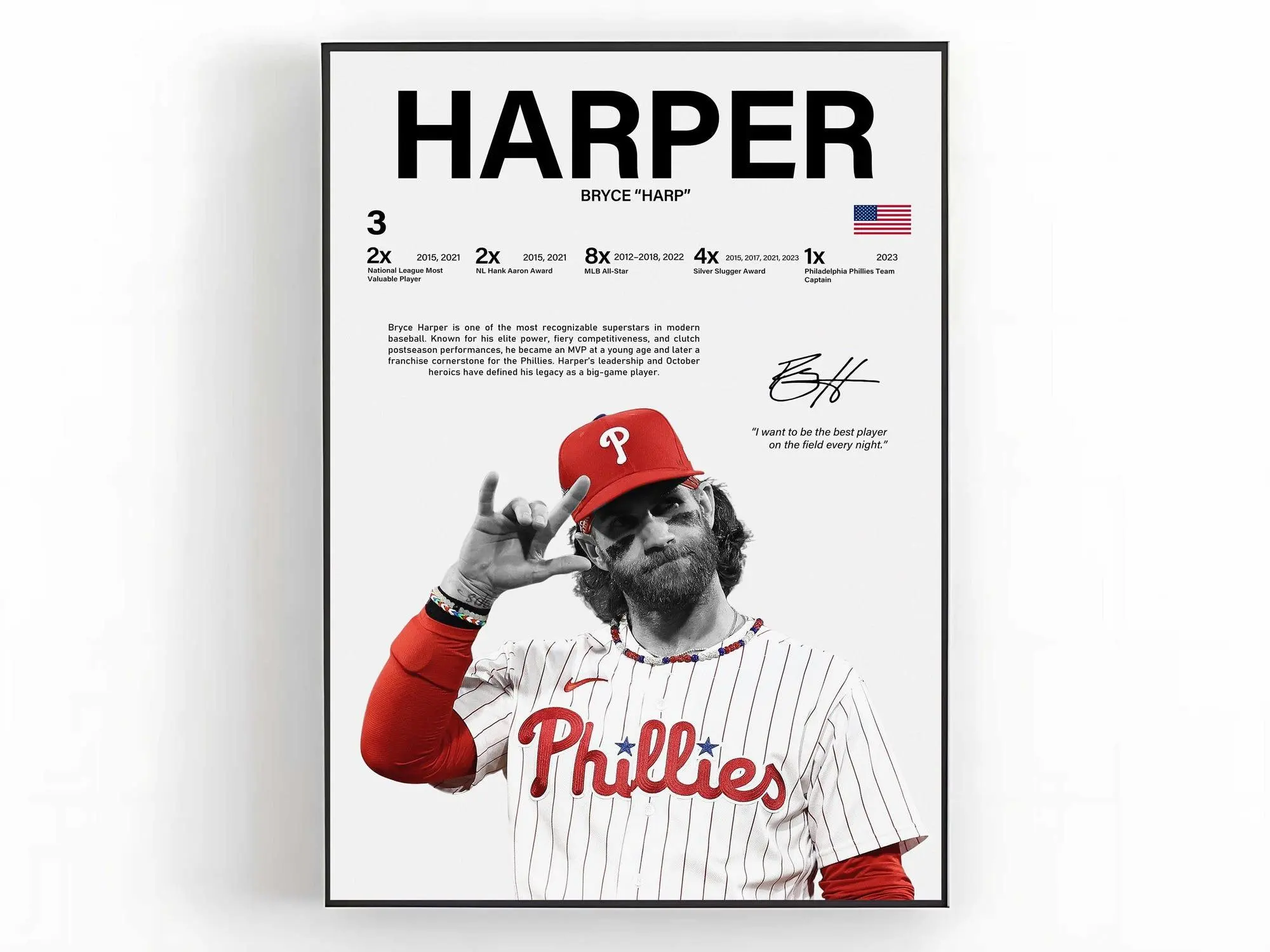 Bryce Harper Poster, MLB Wall Art Baseball Print Sports Room Decor Fan Gift