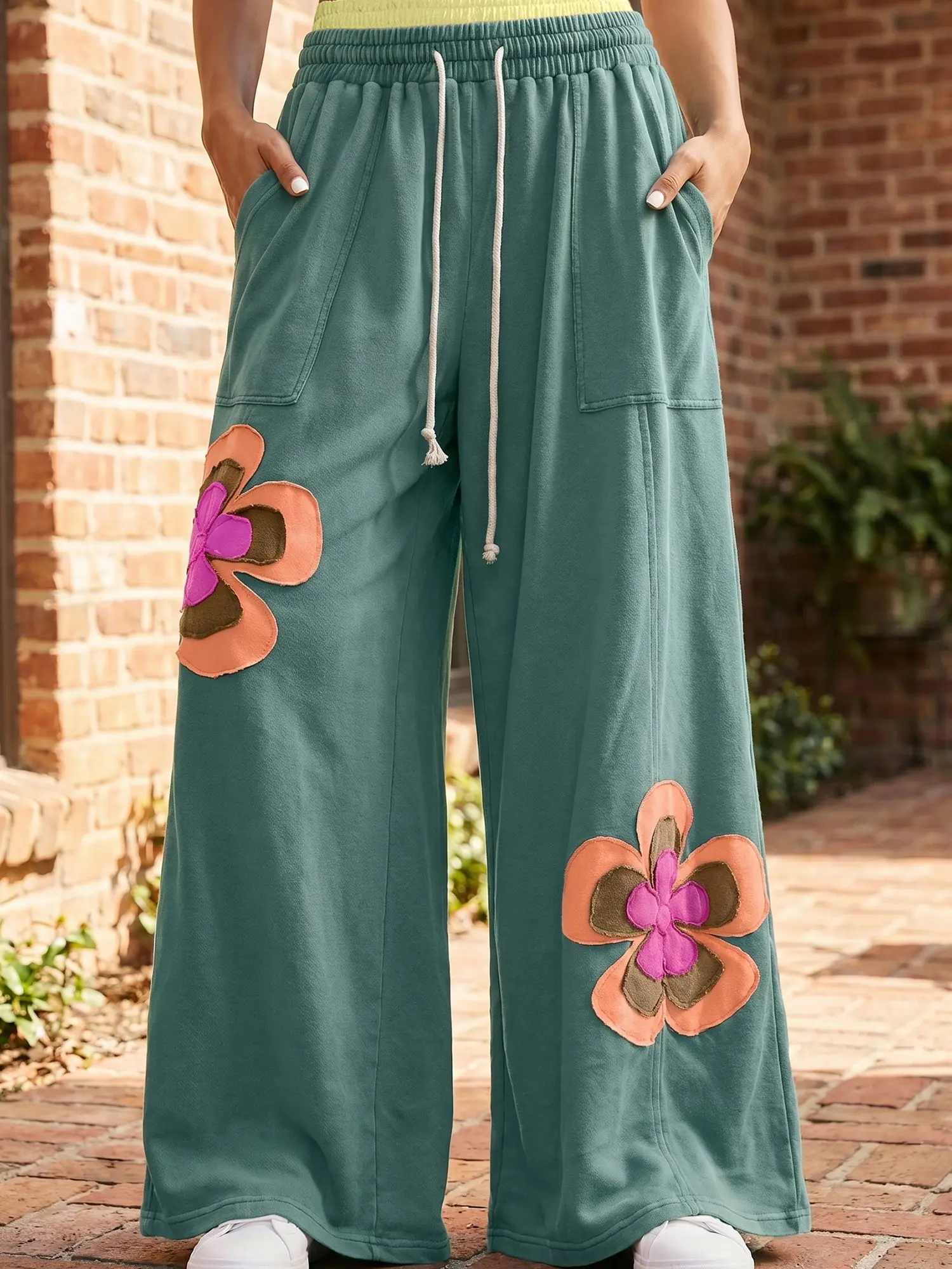 Comfy 80% Cotton Wide Leg Trousers - Cute Floral Patchwork Design  Y2K Vibe Alert: These Boho High Waist Pants with Flower Patches are Total Mood