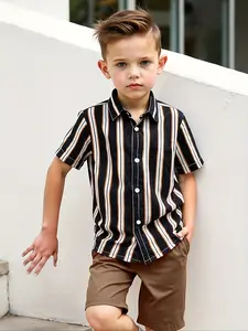 Boys' Summer Set, Striped Sets, Striped Shirt & Solid Color Shorts, Casual Wear for Vacation & Outdoor Activities, Ages 4-7