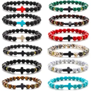 MOZAKA 12Pcs 8MM Cross Beads Bracelet for Men Women Lava Rock Tiger Eye Stone Howlite Stone Stretch Elastic Bracelet Set