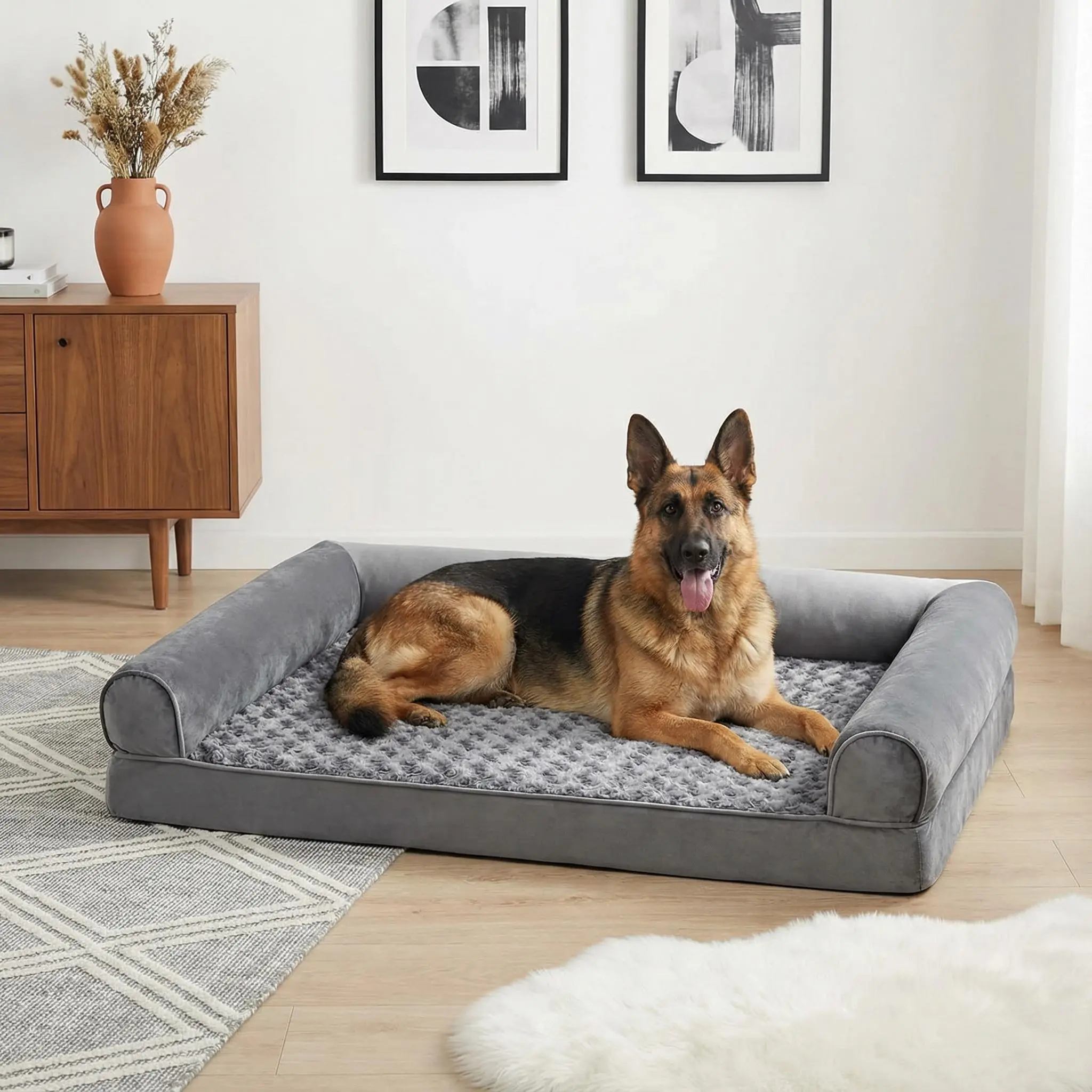 Dog bed with built-in carry handle and three-sided bolster, soft and cozy sleeping area, supportive foam base, water-resistant surface, and non-slip bottom