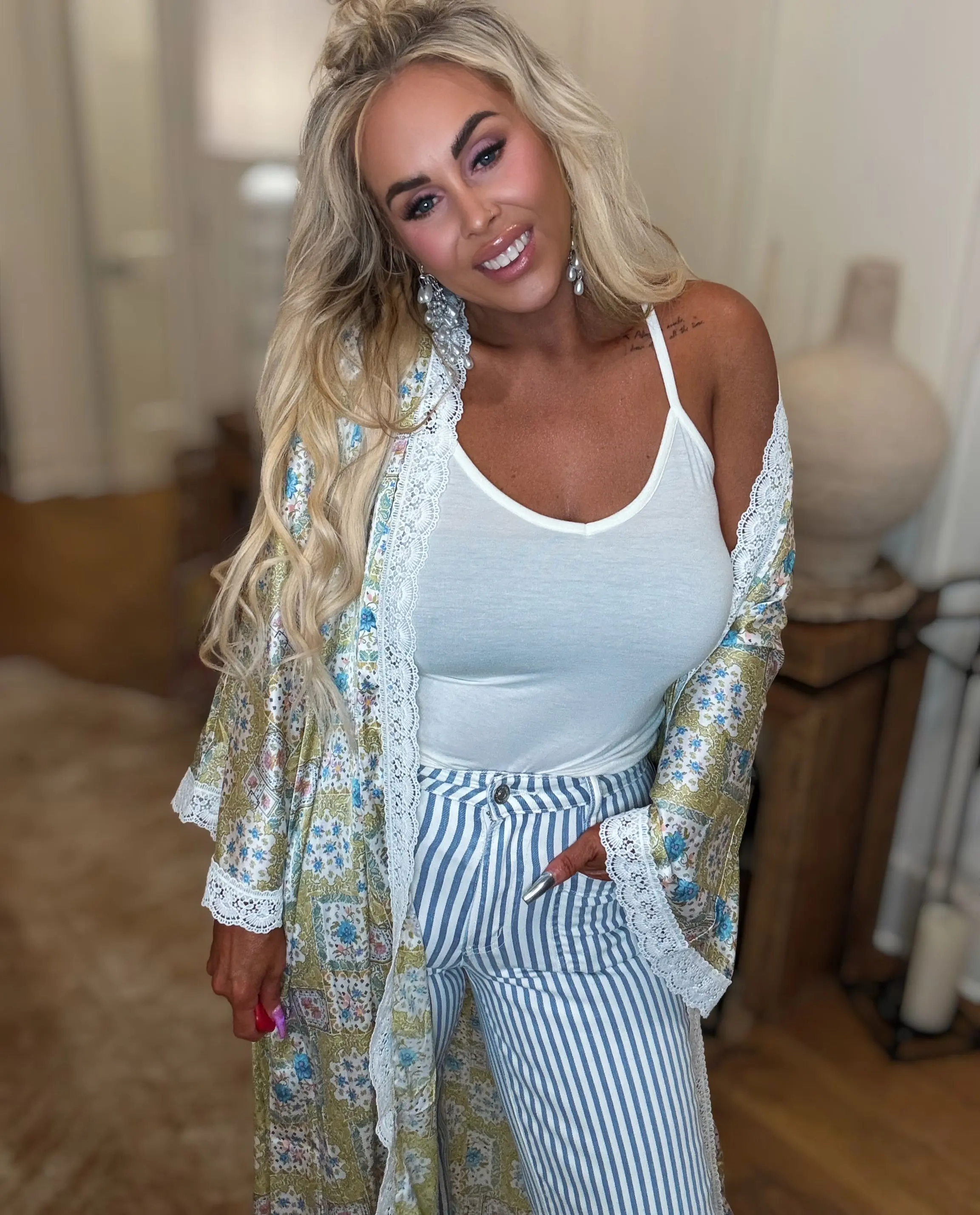 *Pre-Order* Lime Green Floral Crochet Kimono (ETA SHP 7/17)