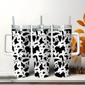 Cow Print Custom 40oz Insulated Stainless Steel Tumbler with Handle, Large Capacity Aesthetic Travel Cup Gift