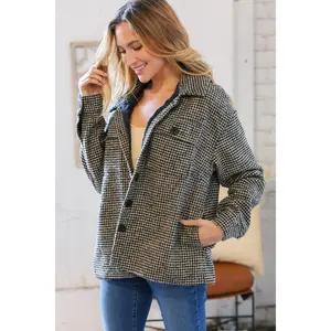 Collared Houndstooth Button Down Wool Blend Jacket