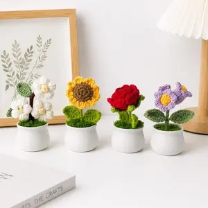 Crochet Flower Pot, 4 Counts/set Handmade Knitted Sunflower Potted Plant, Desktop Decoration Ornament for Home Living Room Bedroom Dining Room