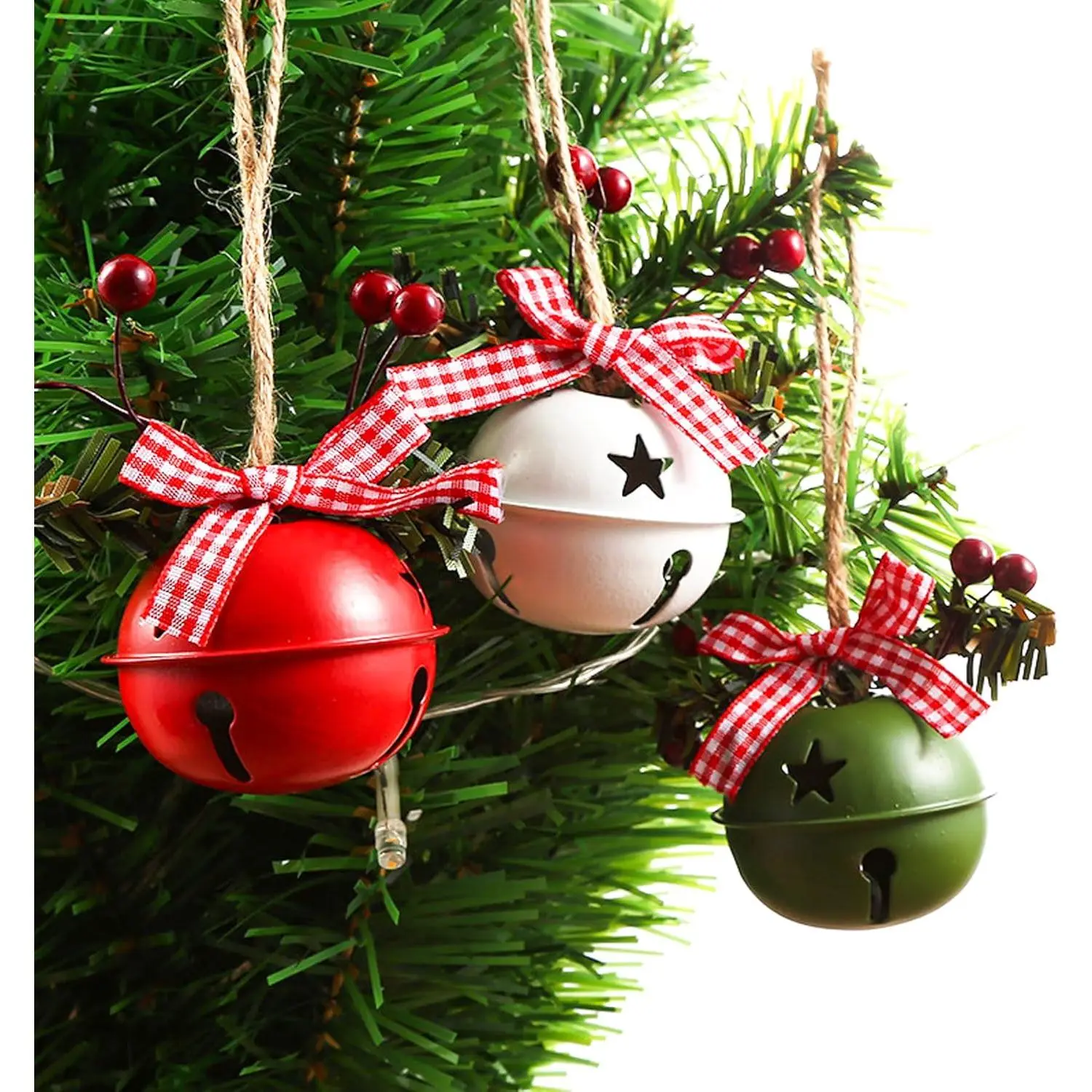 18 PCS Christmas Jingle Bells Ornaments in Red White Green Ornaments Christmas Tree Bells Pendant,Christmas Holiday Party Supplies for Christmas Tree Decor,Wreath,Window Memorial Ornament(Bell-Mix)