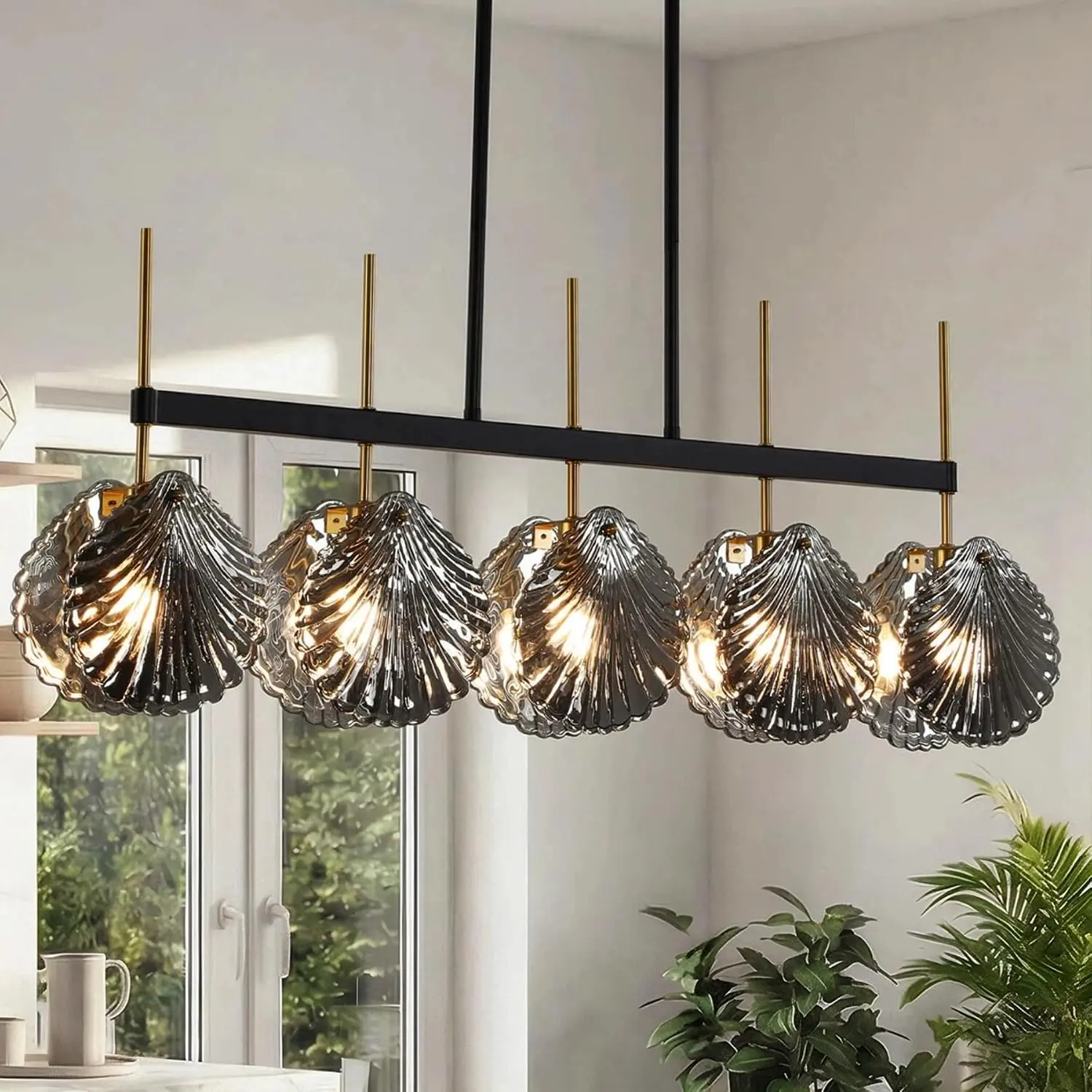 Tribesigns Island Light for Kitchen, 5-Light Dining Room Chandeliers Over Table with Shell-Shaped Smoked Glass Shade, Matte Black Linear Pendant Ceiling Light with Adjustable Height, E12 Base
