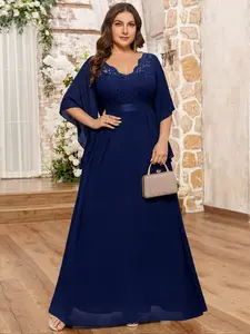 MISSMAY P54508A Plus Scallop V-Neck Floral Lace Contrast Chiffon Ruffle Sleeve Elegant Maxi Evening Party Dress, New Year Dress, Winter Dress, Wedding Guest Dress, For Birthday, Graduation, Homecoming, Formal Events