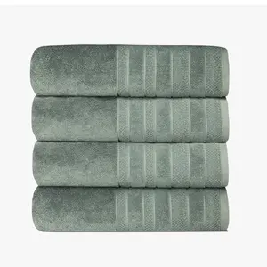 100% Cotton Bath Towel Set 4 Piece Soft Absorbent Towels Machine Washable Green Striped Design