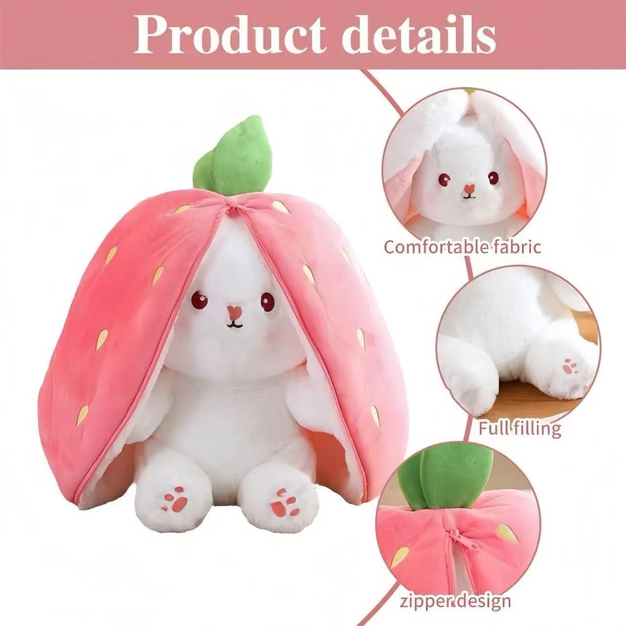 Bunny Stuffed Animal, Strawberry Reversible Cuddle Bunny Plush Doll with Zipper, Cute Soft Rabbit Toys Pillow for Kids and Adults, Easter Bunnies Plushies Gifts