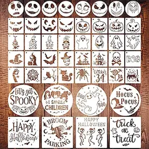 48 PCS Halloween Stencils Reusable, Ghost Bat Witch Spider Pumpkin Stencils for Painting on Wood DIY Crafts Ornaments Wood Slice Halloween Decoration