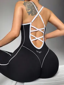 Women's Seamless High Stretch Knit Halter Jumpsuit Tight Fit Nine-Quarter Pants, Back Cross Shoulder Straps, Outdoor Cycling Gym Yoga Daily Wear