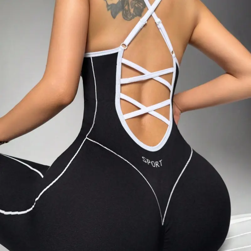 Women's Seamless High-Stretch Knit, Tight-Fit Ankle-Length, Back Cross Shoulder Straps, Breathable Workout Outfit for Yoga, Gym & Outdoor Cycling, Sporty Yoga Jumpsuit