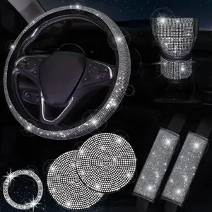 Rhinestone Decor Car Interior Decoration Set, Car Accessories for Girls, Car Stuff, Glitter Car Steering Wheel Cover & Start Ring & Coasters & Gear Shift Cover & Seat Belt Shoulder Protector Kit, Car Decor for Girls, Car Gadgets, Men Gifts