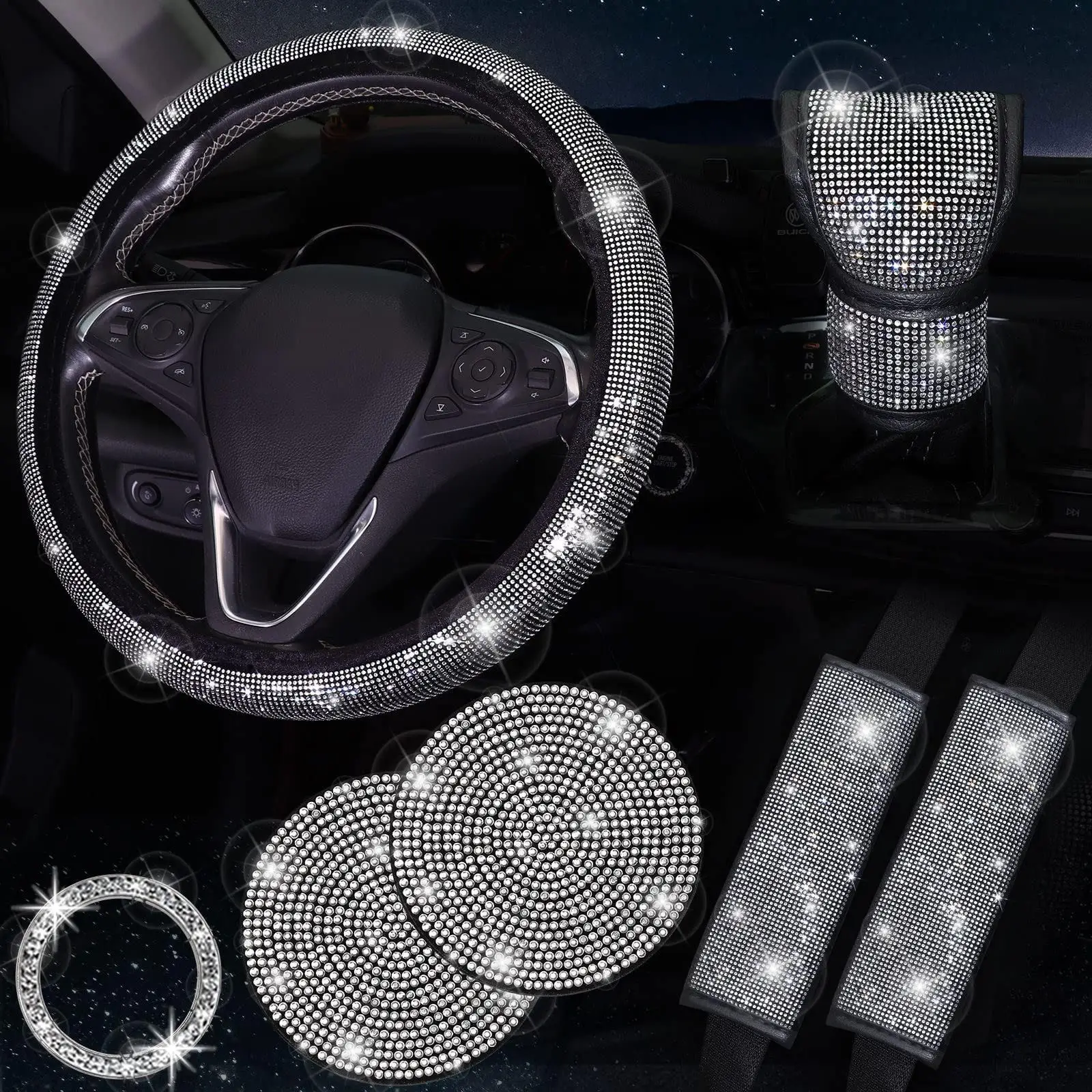 Rhinestone Decor Car Interior Decoration Set, Car Accessories for Girls, Car Stuff, Glitter Car Steering Wheel Cover & Start Ring & Coasters & Gear Sh
